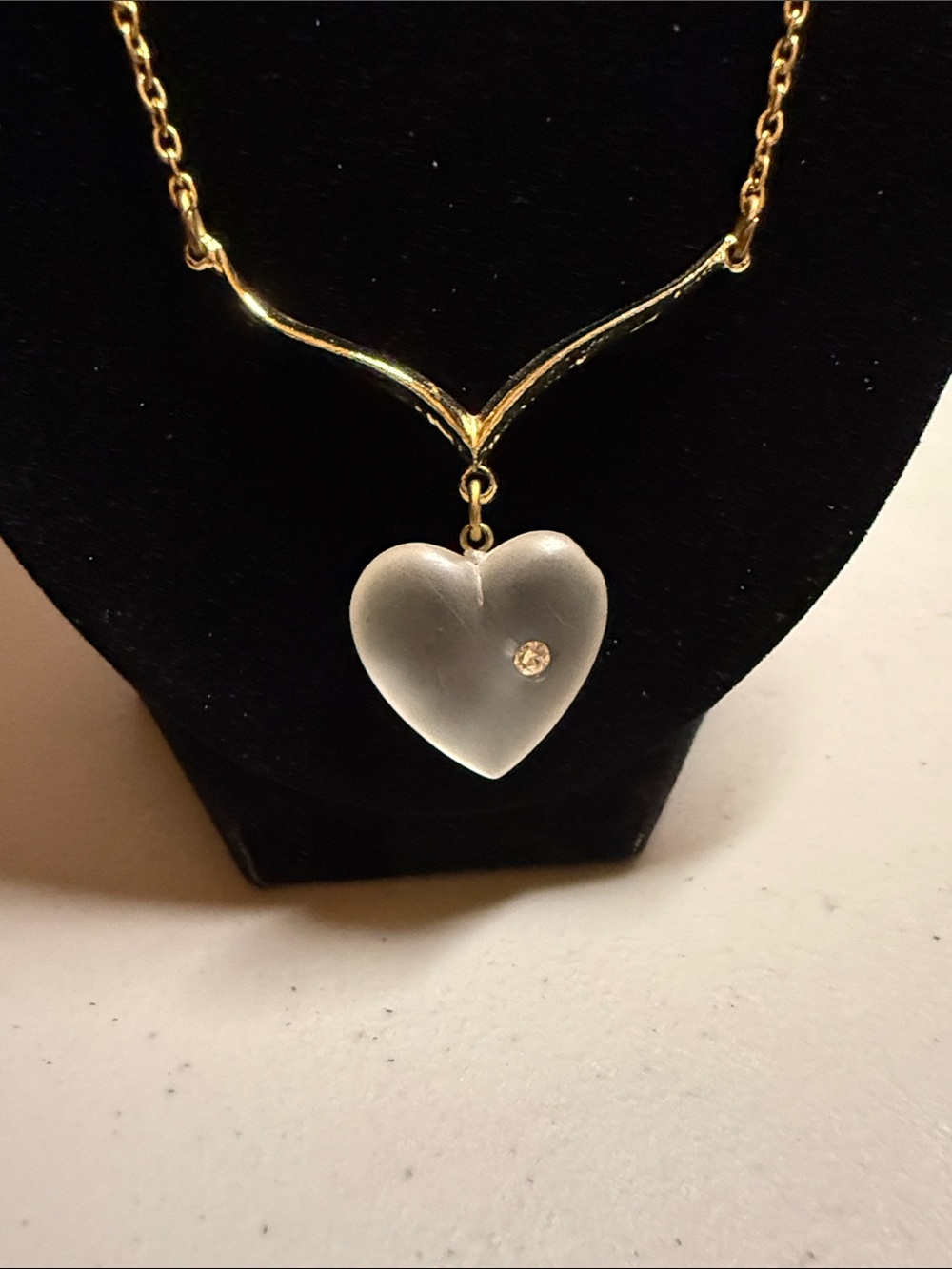 Vintage Gold Tone Necklace with Frosted White Heart and Clear Crystal